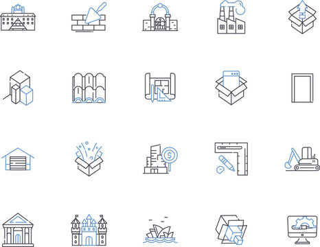 Construction outline icons collection. Build, erect, construct, assemble, constructible, fabricate, engineer vector and illustration concept set. craft, develop, constructivism linear signs