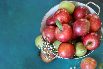 Vibrant colors still life with fresh red apples on a table. Healthy eating concept. Organic seasonal fruit close up photo. 