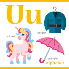 Alphabet letter U with cartoon vocabulary illustration: unicorn, umbrella, uniform. Cute children ABC alphabet flash card with letter U for kids learning English vocabulary.