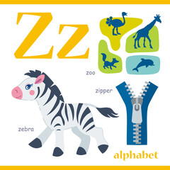 Alphabet letter Z with cartoon vocabulary illustration: zebra, zipper, zoo. Cute children ABC alphabet flash card with letter Z for kids learning English vocabulary.