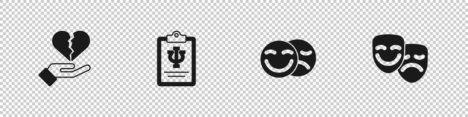 Set Broken heart or divorce, Psychology, Psi, Comedy and tragedy masks and icon. Vector