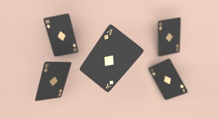 playing cards, sequence of poker cards, background for casino, poker game, sequence of clubs, 10, J, Q, K, A, suits of diamonds (3d illustration)