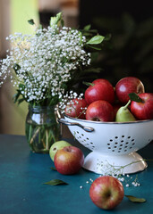 Red apples on black background. Vibrant colors of fresh seasonal fruit. Apples in a colander. White flowers and fruit still life. 