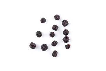 Dried blueberries on white background