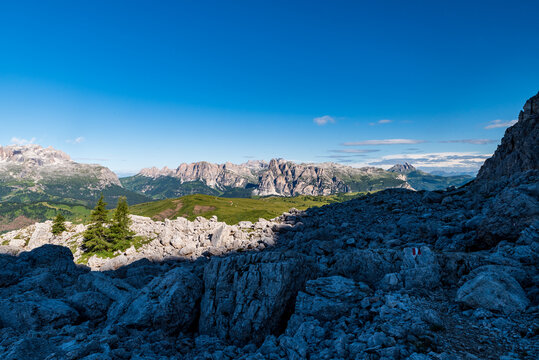 Beautiful Dolomites mountains from hiking tral bellow Setsass mountain peak in Italy
