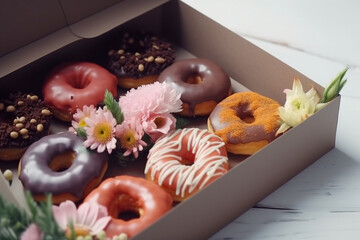 Obraz na płótnie Canvas Tasty donuts in the box, Super photo realistic background, generative ai 3d illustration