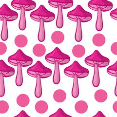 Bright pink mushrooms seamless pattern, mushroom with a high stem on a white background