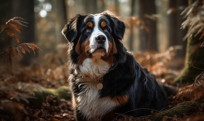 photo of Bernese Mountain Dog in forest. Generative AI