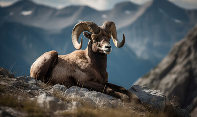 Bighorn sheep perched on a rocky outcropping, surveying the sweeping mountain vistas below. Its impressive curved horns, a symbol of power and dominance, are prominently displayed. Generative AI