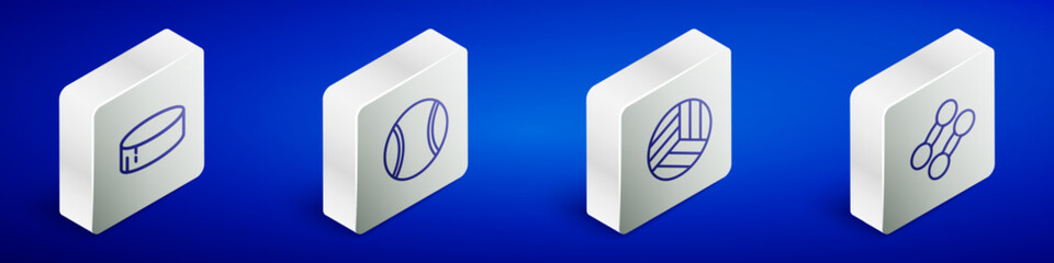 Set Isometric line Hockey puck, Tennis ball, Volleyball and Dumbbell icon. Vector