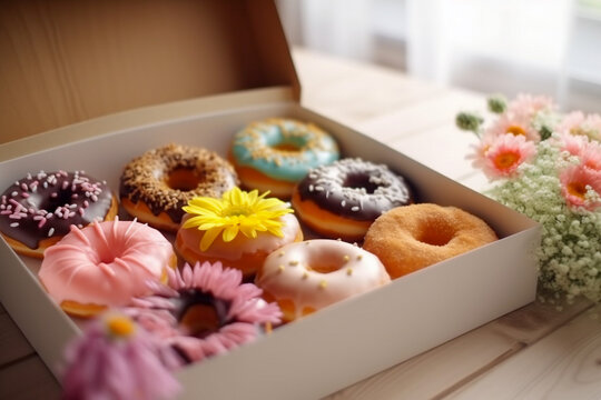 Tasty donuts in the box, Super photo realistic background, generative ai 3d illustration