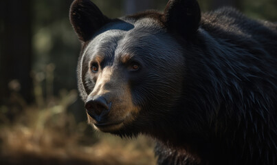 close up photo of American black bear (Ursus americanus) on blurry forest background. Generative AI