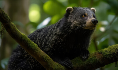 Binturong, known as Bearcat, perched on a branch in the lush canopy of a tropical rainforest. Its thick black fur shines in the dappled sunlight filtering through the trees. Generative AI