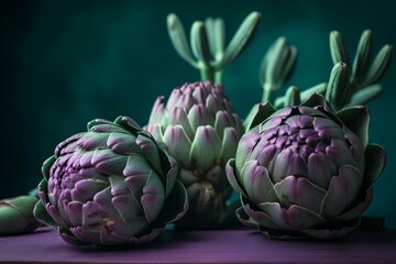 Fototapeta premium Lavender colored artichokes on mint color background. Generative AI