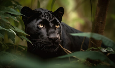 Majestic black panther stealthily stalking its prey through the dense jungle. The sleek, muscular feline is captured in stunning detail. Generative AI