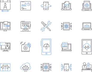 Gadjets and computers outline icons collection. Gadgets, Computers, Technology, Electronics, Hardware, Laptops, Desktops vector and illustration concept set. Smartphones, Tablets, Networking linear