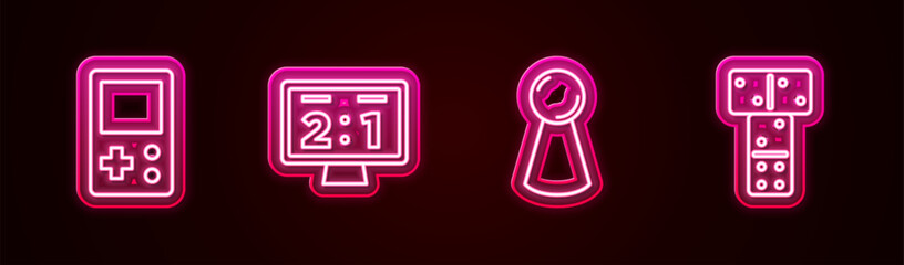 Fototapeta premium Set line Tetris, Sport mechanical scoreboard, Chip for game and Domino. Glowing neon icon. Vector