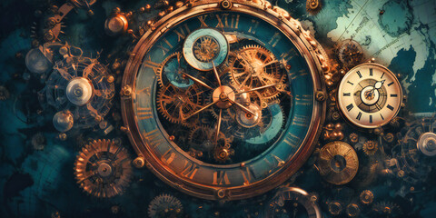 a clock showing the earth with gears