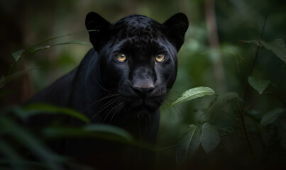 Naklejka na ściany i meble Majestic black panther stealthily stalking its prey through the dense jungle. The sleek, muscular feline is captured in stunning detail. Generative AI