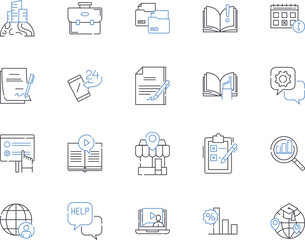 Office tools outline icons collection. Workplace, Software, Suite, Calendar, Document, Sharing, Collaboration vector and illustration concept set. Scheduling, Presentation, Spreadsheet linear signs