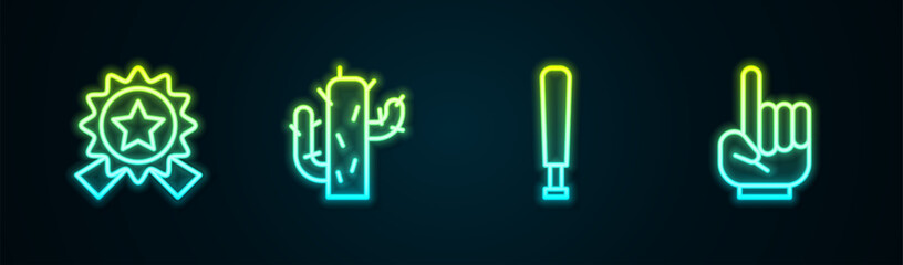 Set line Medal with star, Cactus, Baseball bat and Number 1 one fan hand glove. Glowing neon icon. Vector