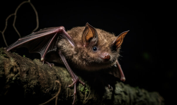photo of bat on a tree branch at night in a jungle. The background is shrouded in darkness. Generative AI