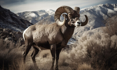 Obraz premium photo of Bighorn sheep in its natural habitat with rocky mountains in the background. Generative AI