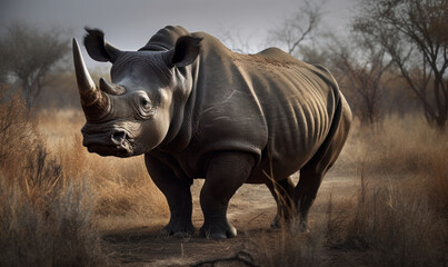 Black rhinoceros on African safari background. Generative AI