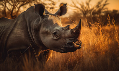 Photo of black rhinoceros grazing in the golden light of a savannah sunset. The majestic creature is captured in exquisite detail, with every fold and wrinkle of its tough skin visible. Generative AI