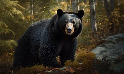 photo of American black bear (Ursus americanus) in green forest. Generative AI