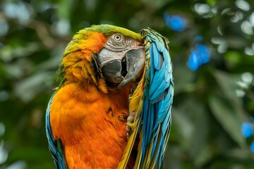 Closeup of a colorful Macaw parrot hiding its head behind its wing against a blurred background