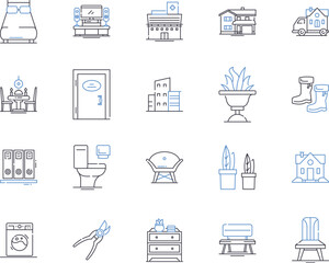 Home furniture outline icons collection. Sofa, Bed, Table, Chair, Couch, Mattress, Chest vector and illustration concept set. Wardrobe, Stool, Bookshelf linear signs