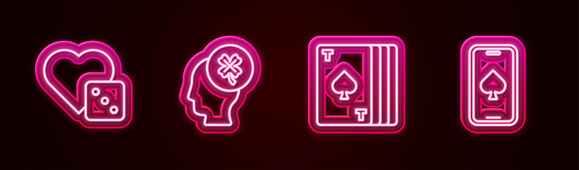 Set line Game dice, Casino slot machine with clover, Deck of playing cards and Online poker table game. Glowing neon icon. Vector