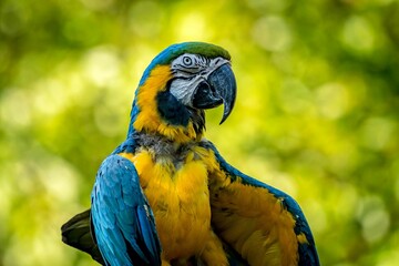 Closeup of a blue and yellow, colorful Macaw parrot captured against a blurred background