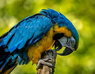 Closeup of a blue and yellow, colorful Macaw parrot trying to bite the wood on which it is perched