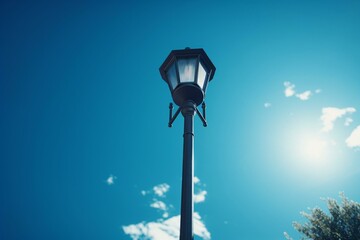 single lamp post lamp on thin pole against light blue sky. Generative AI