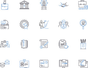 Business ethics outline icons collection. Integrity, Morality, Respect, Responsibility, Honesty, Fairness, Confidentiality vector and illustration concept set. Credibility, Trust, Values linear signs