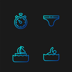 Set line Swimmer, Yacht sailboat, Stopwatch and Swimming trunks. Gradient color icons. Vector