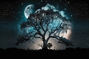 Fototapeta na wymiar majestic tree with view of cluster of stars and moon in the night sky, created with generative ai
