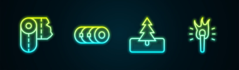 Set line Paper towel roll, Blanket, Tree and Torch flame. Glowing neon icon. Vector