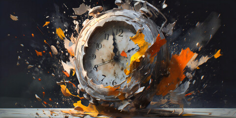 a clock with a broken top surrounded by parts