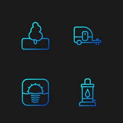 Set line Camping lantern, Sunrise, Tree and Rv trailer. Gradient color icons. Vector