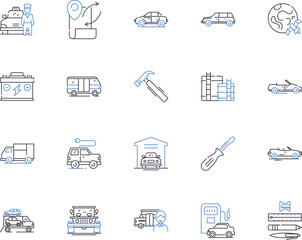 Transport and location outline icons collection. Transport, Location, Voyage, Journey, Shipping, Move, Express vector and illustration concept set. Trip, Haul, Relocate linear signs