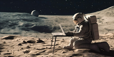 a astronaut working on a laptop while sitting on the moon