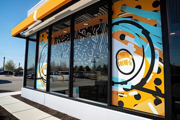 drive-thru window with unique design, featuring custom graphics and branding for a specific business, created with generative ai © primopiano