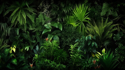 Fototapeta na wymiar Vertical garden with tropical green leaf, contrast ai generated