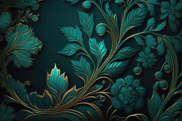 Blue background with gold and green floral ornament