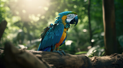 Colorful Macaw bird in forest background. ai generated.