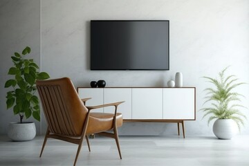 Interior of modern living room with a chair in front of the TV screen hanging on the wall