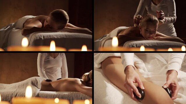 Young, healthy and beautiful woman gets massage therapy in the spa salon collage. Healthy lifestyle, recreation and body care.